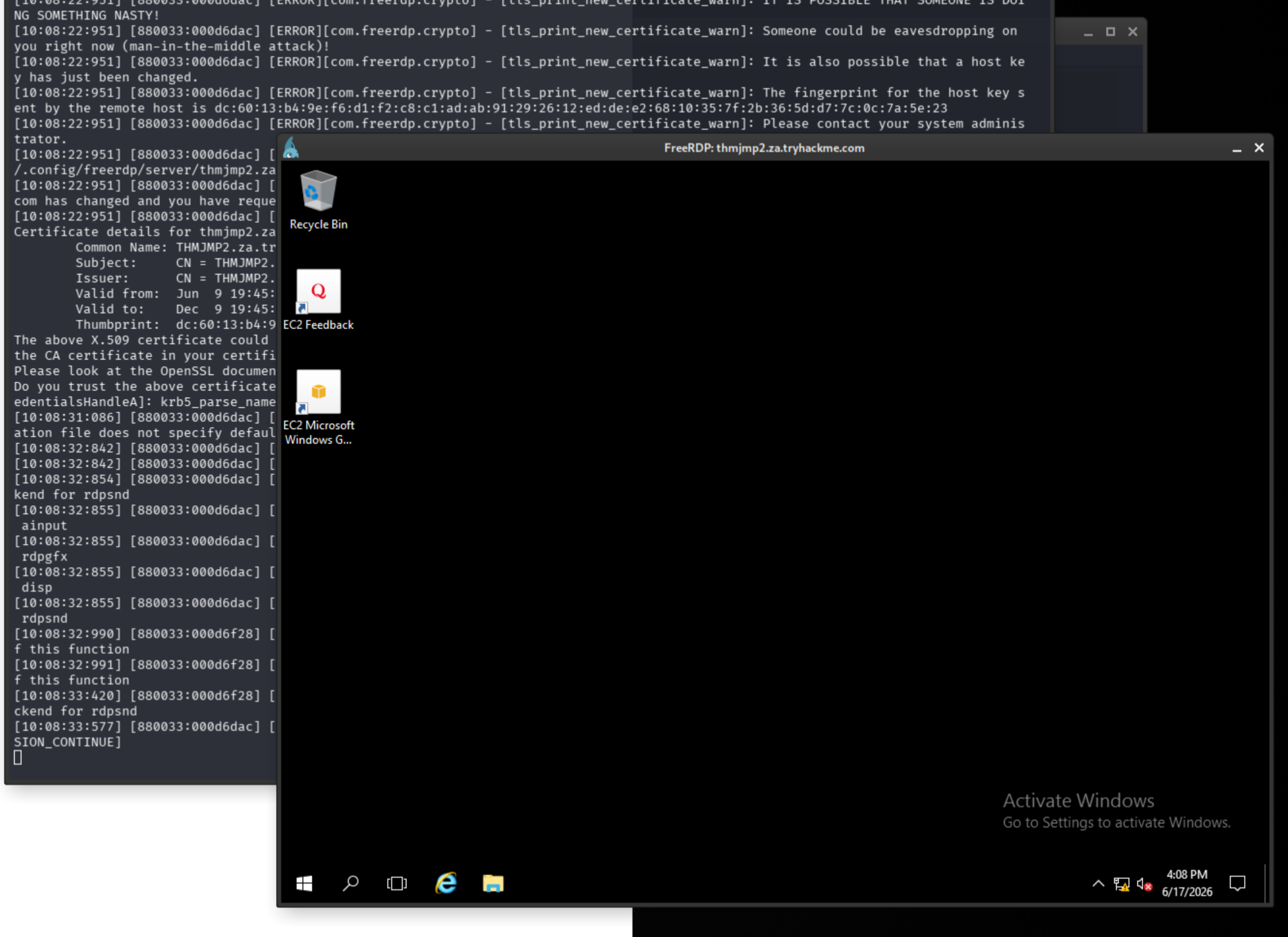 xfreerdp connecting to THMJMP2 as t2_eric.harding